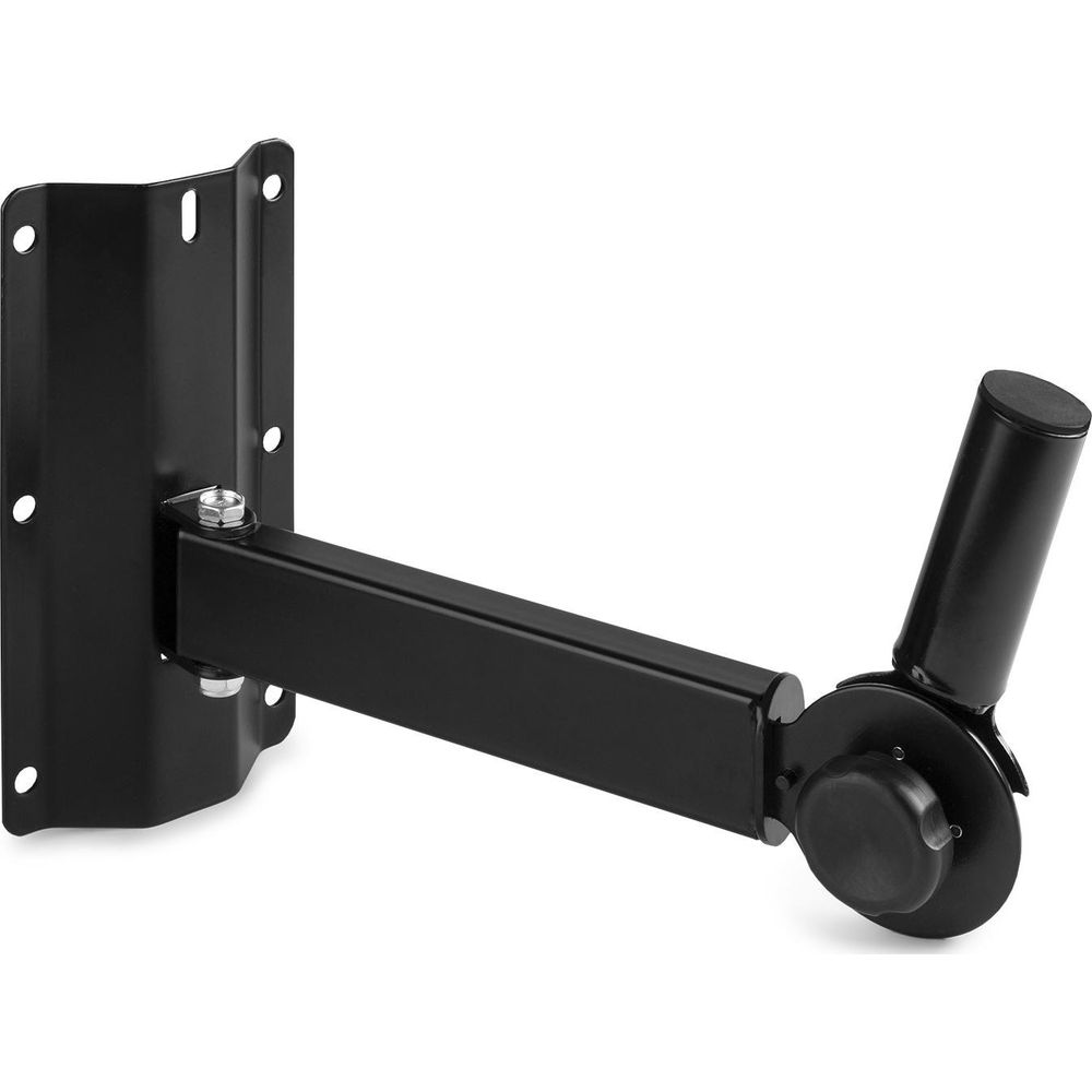 Un soporte de altavoz negro ajustable con un brazo unido a una placa de pared.