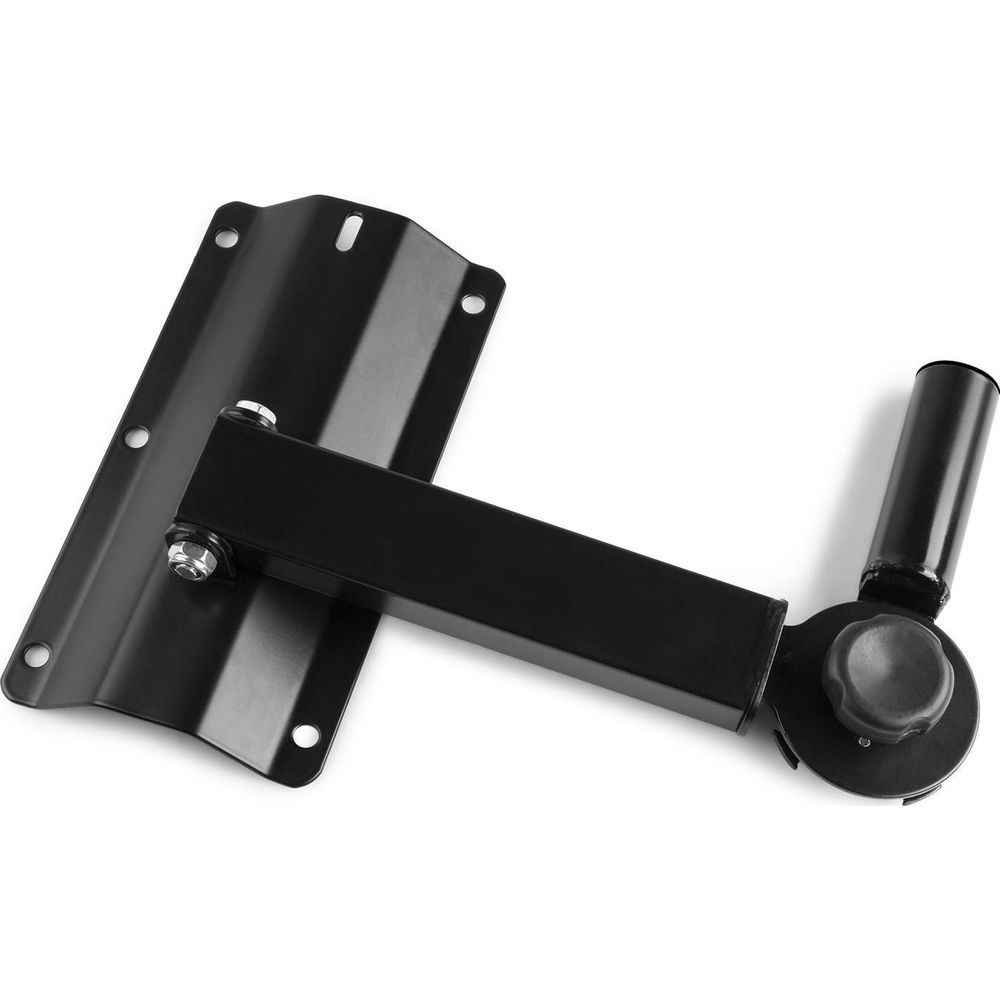 Un soporte negro ajustable con tornillos y una perilla. Aislado en blanco.