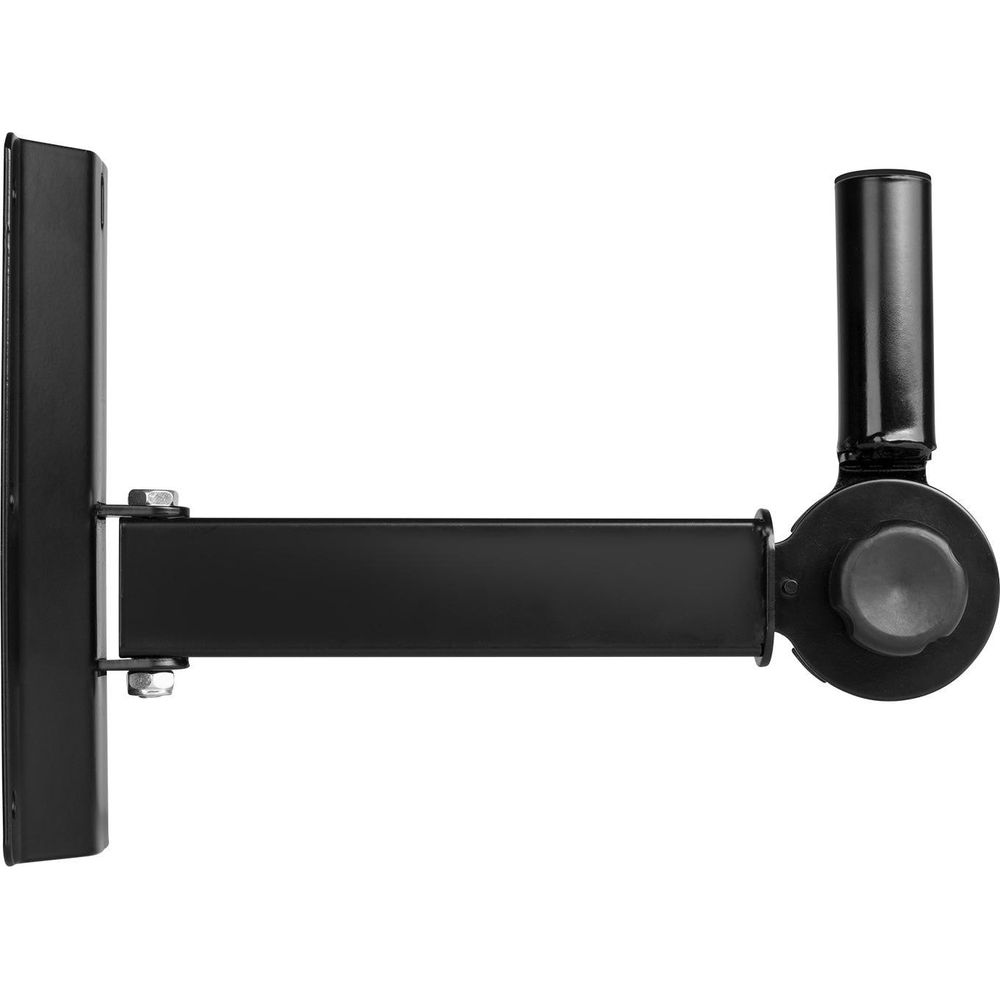 Soporte de pared negro con brazo ajustable y junta giratoria.