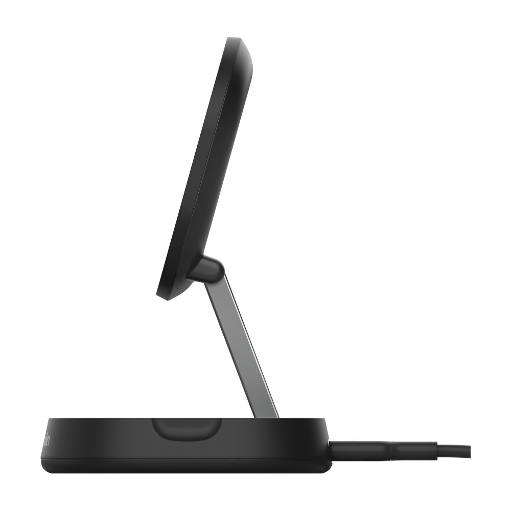 Soporte negro con pantalla ajustable y conexión de cable.