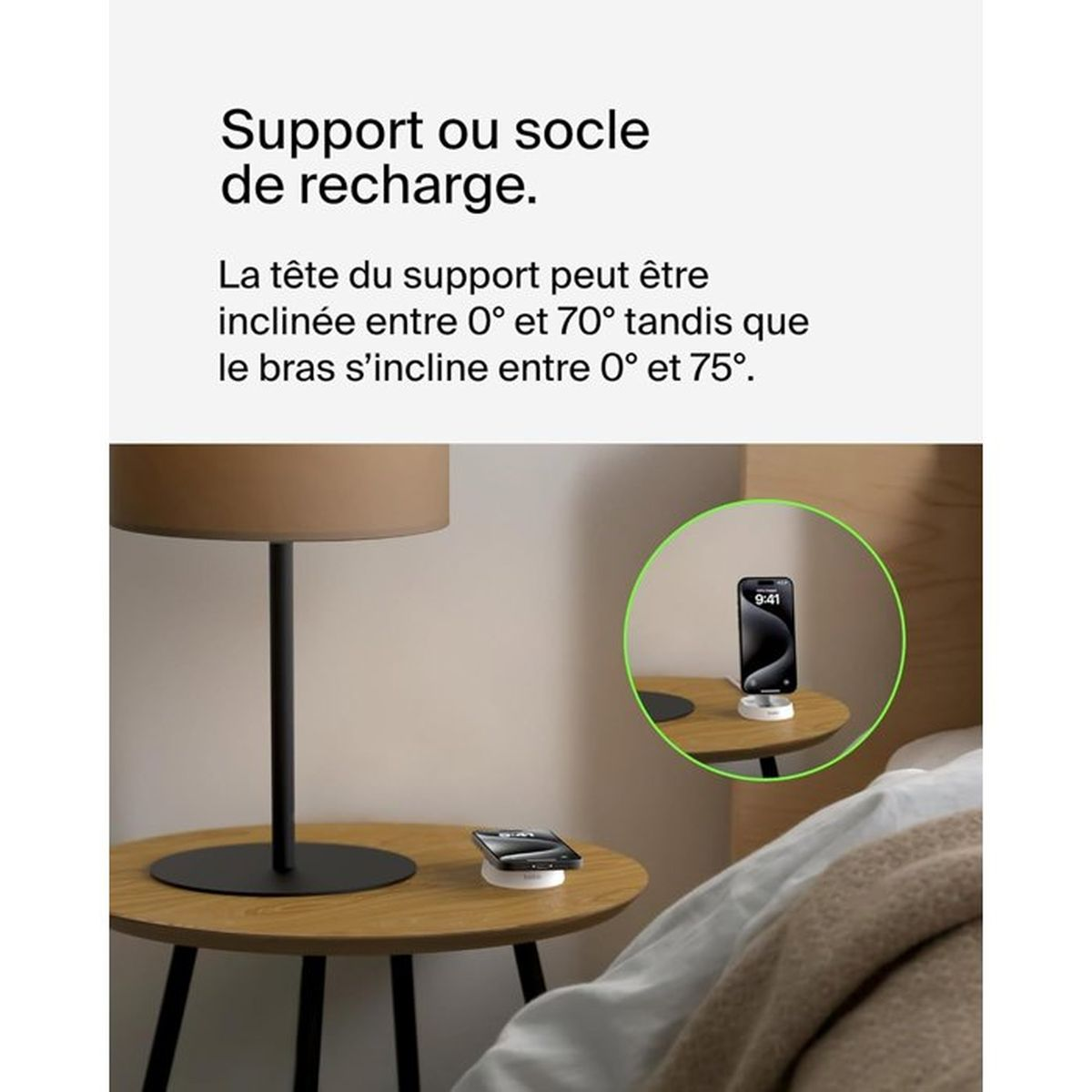 Ein Nachttisch mit einer Lampe und zwei Ladestationen für Telefone.