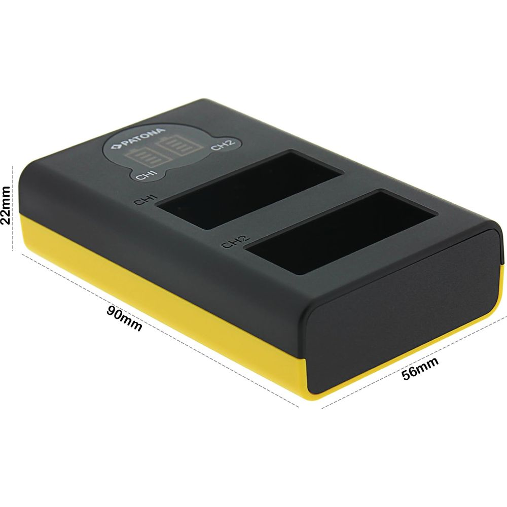 Caricabatterie doppio nero con bordo giallo. Dimensioni 90x56x22mm.