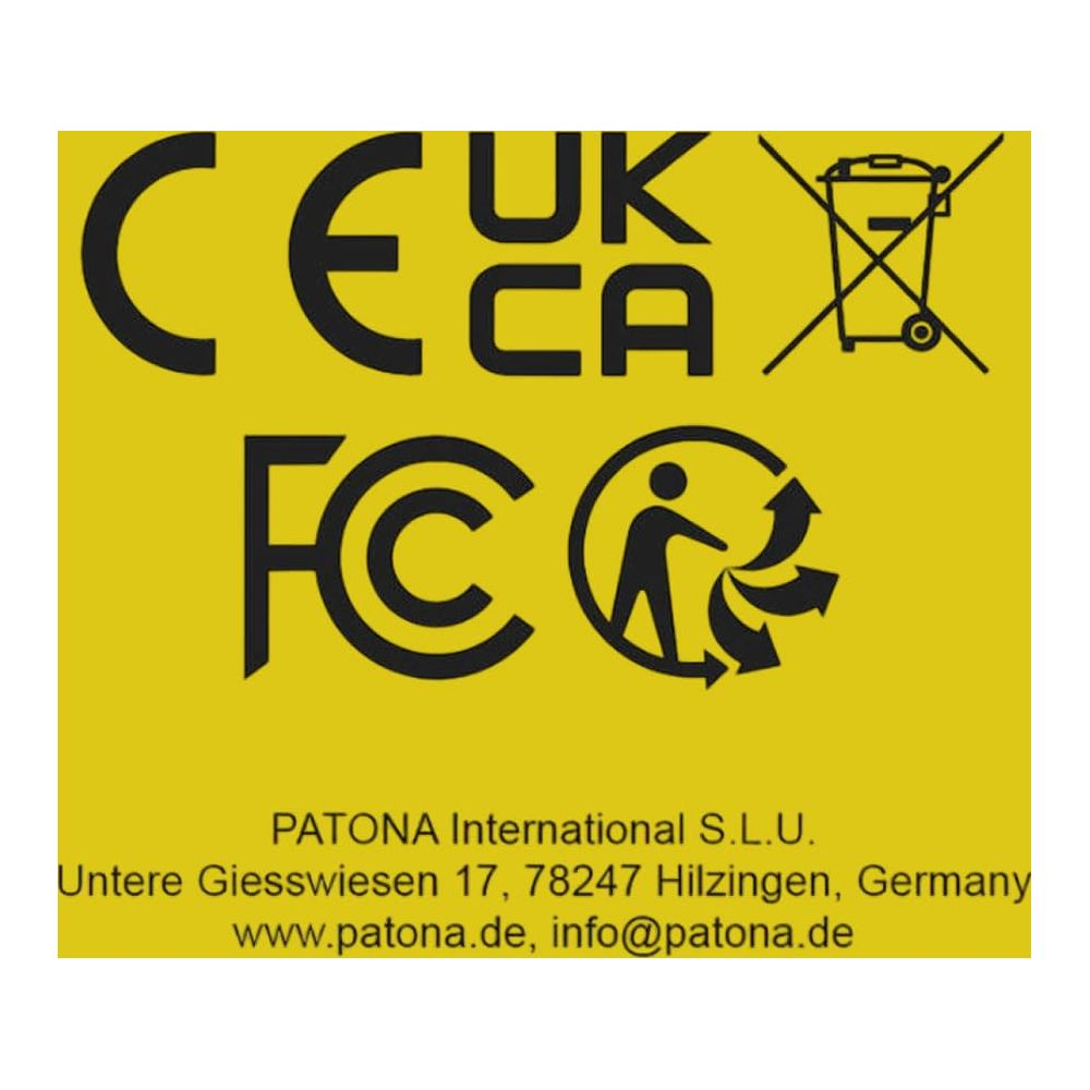 CE, UK CA, FCC, simbolo riciclo, cestino barrato.
