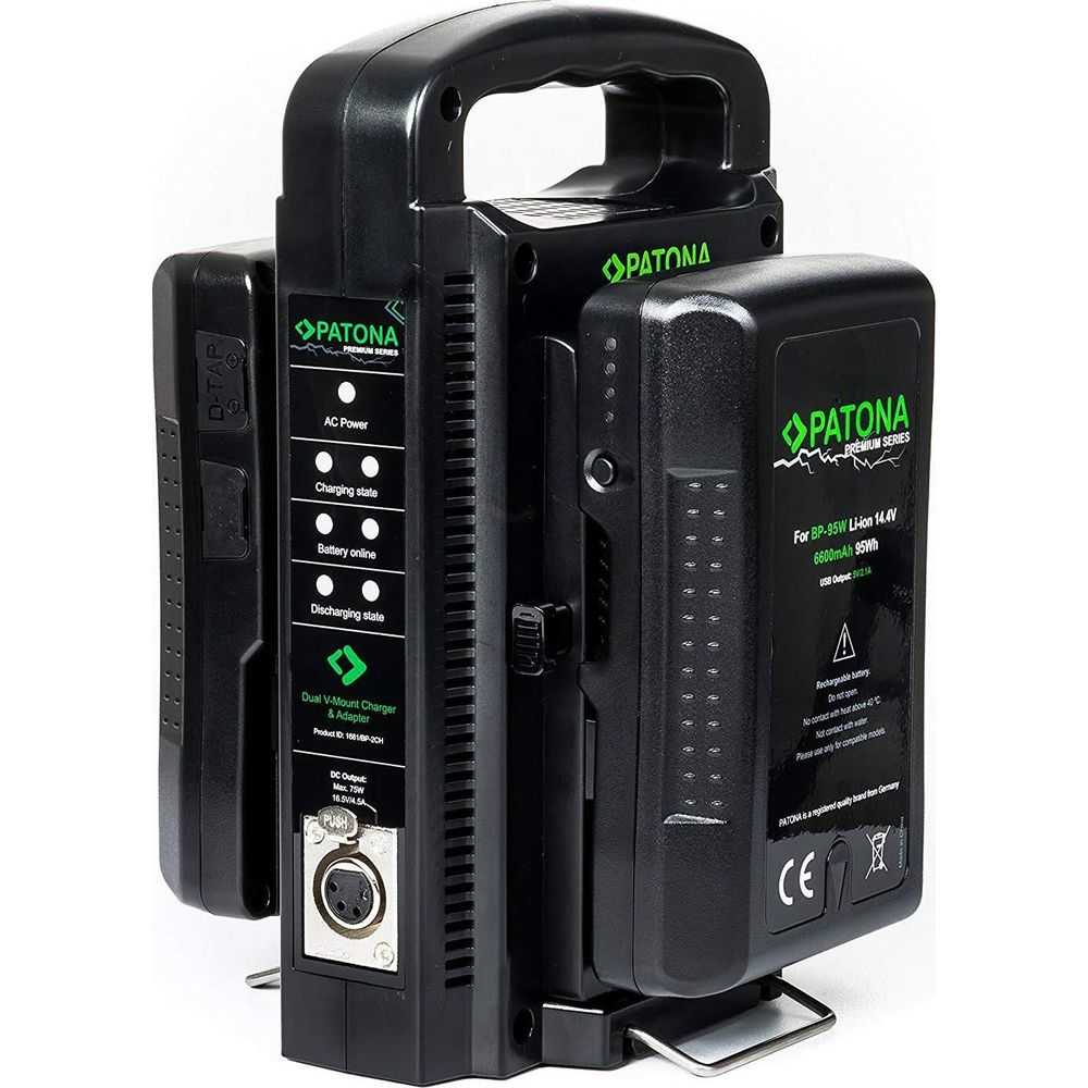 Caricabatterie PATONA dual V-Mount nero con due batterie, manico e spie di stato.