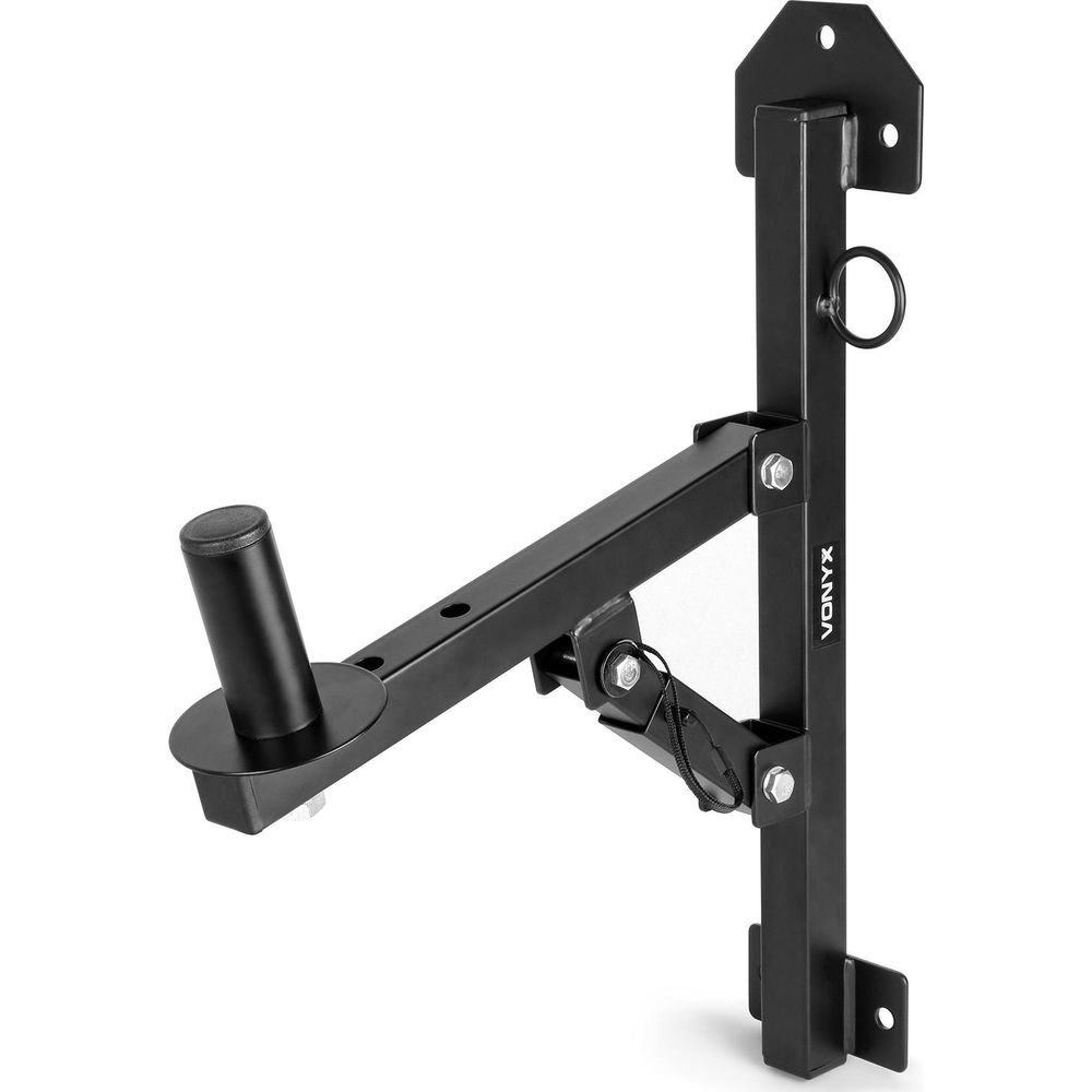 Soporte de pared negro con brazo ajustable y gancho.
