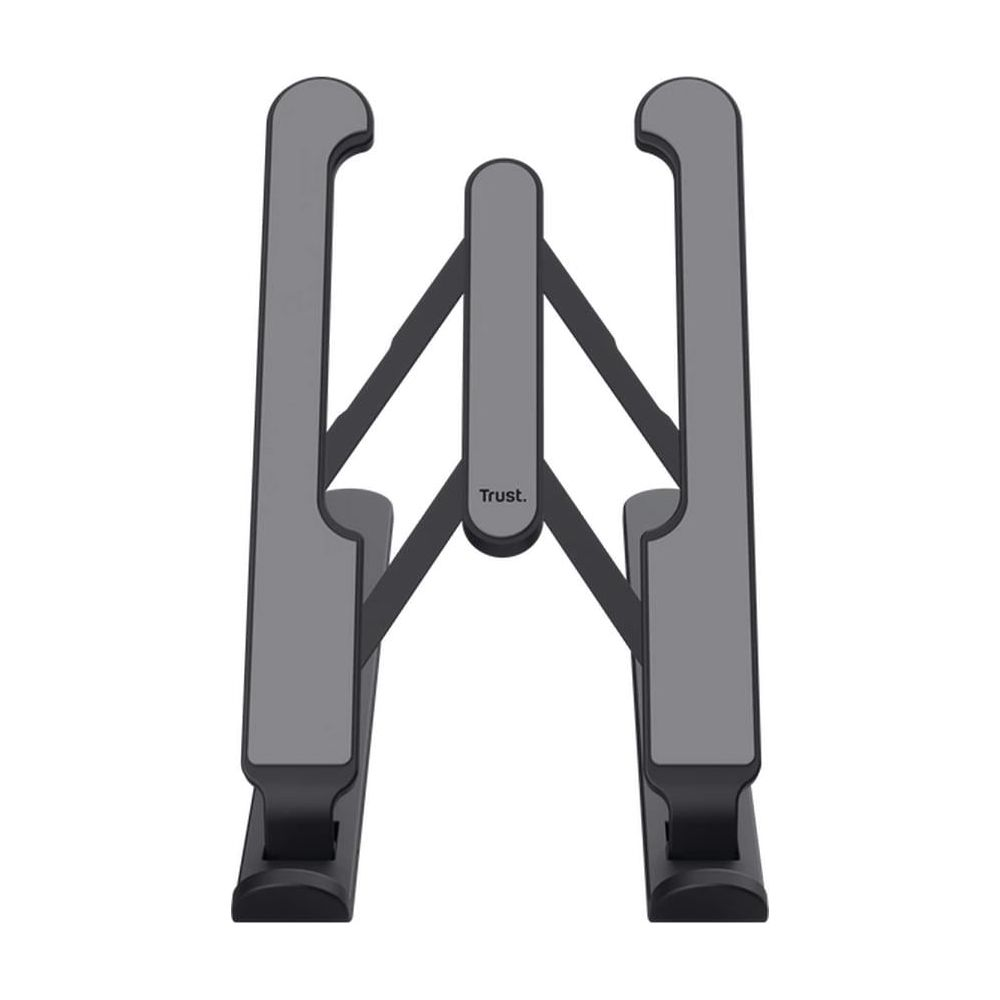 Supporto grigio per laptop con base nera, piegato.