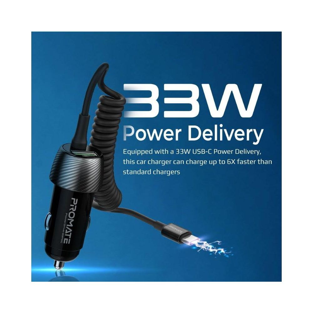 Cargador de coche negro con cable en espiral y conector USB-C. 33W Power Delivery.