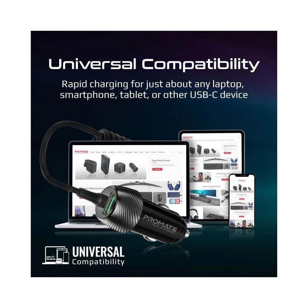 Un cargador de coche USB-C negro con cable, junto a portátiles, tabletas y teléfonos.