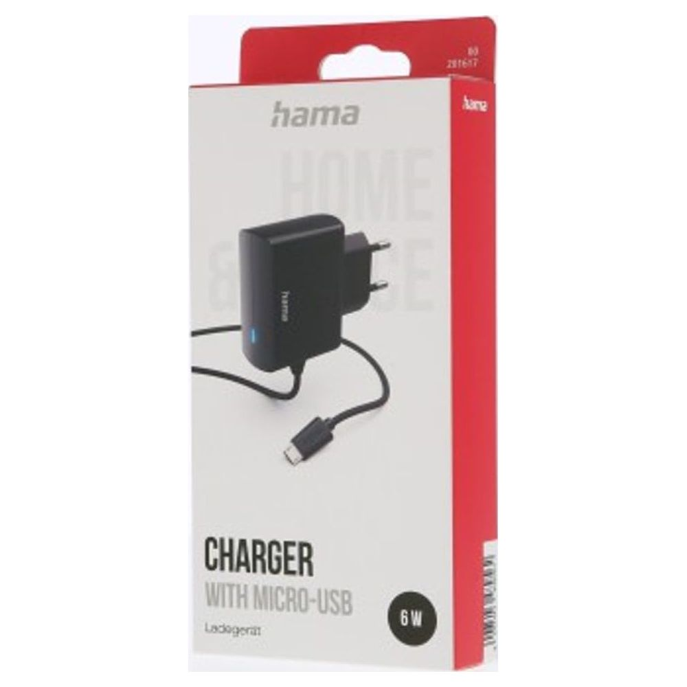 Verpackung eines schwarzen Hama Ladegeräts mit Micro-USB-Kabel und Stecker.