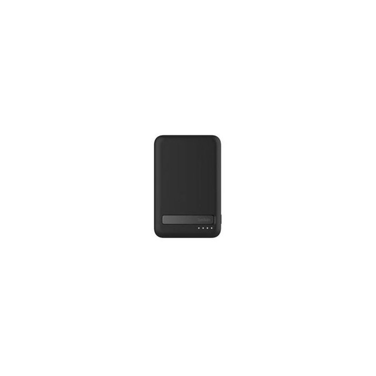 Zwarte rechthoekige powerbank met grijze streep en vier oplaadindicatoren.