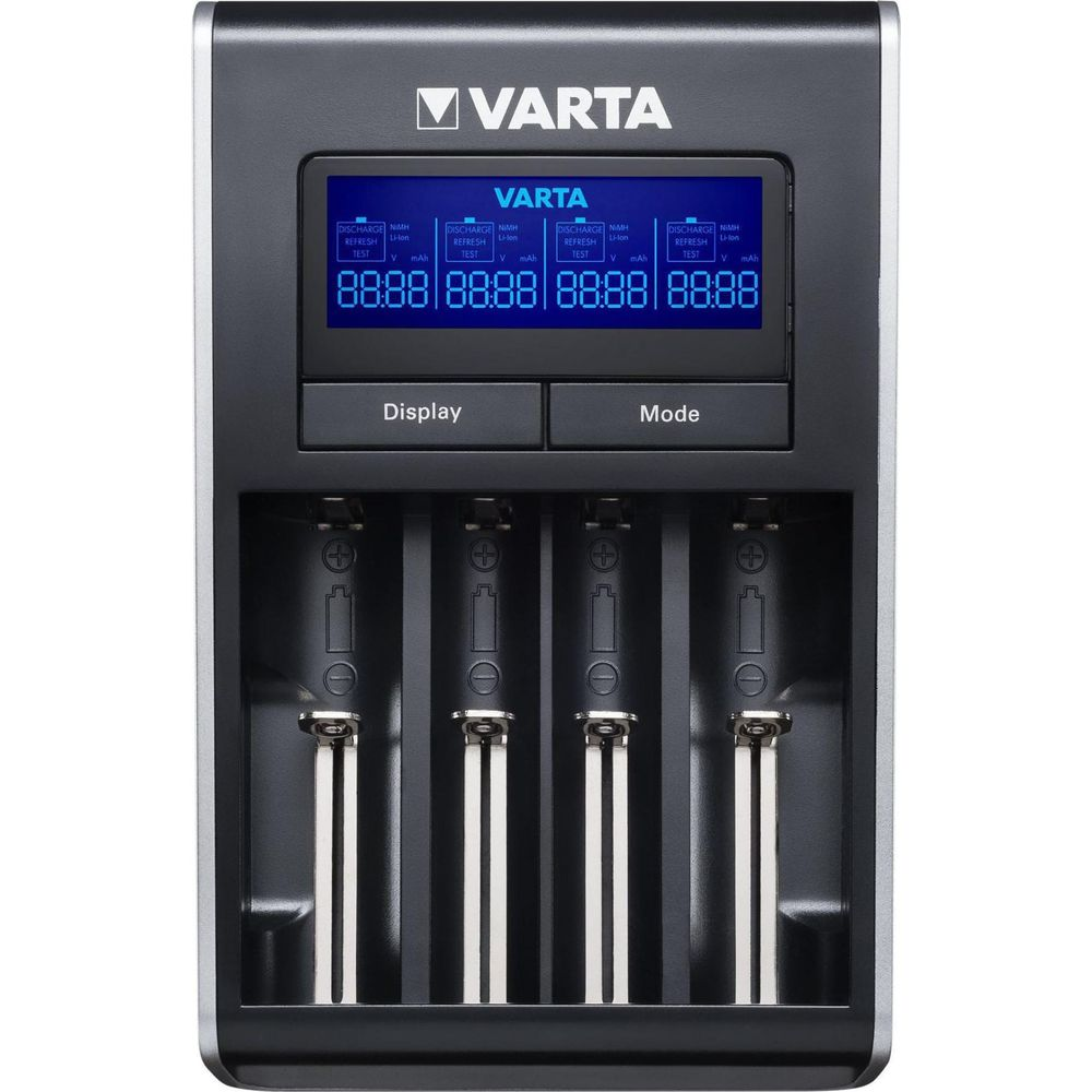 Un cargador de baterías Varta negro con cuatro ranuras y pantalla LCD azul.