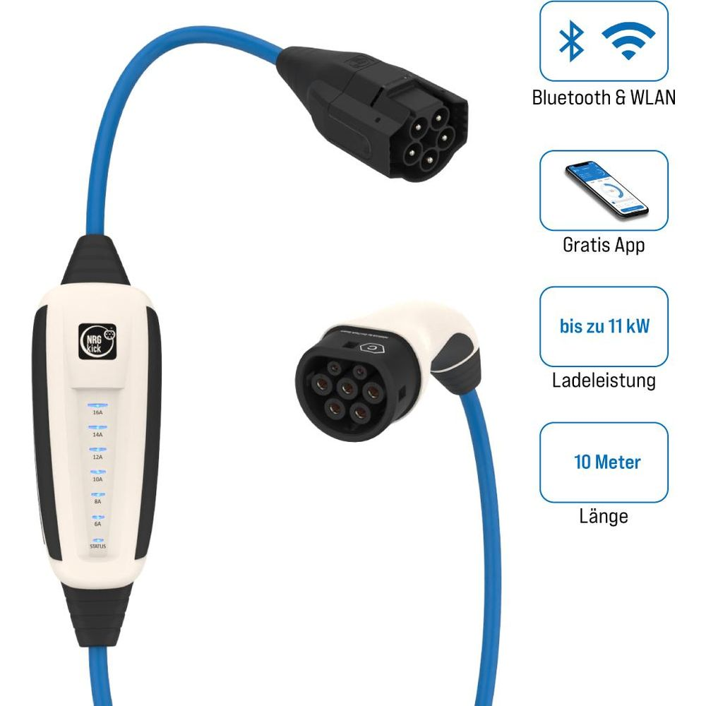 Ladekabel für Elektroautos mit Stecker, weißem Steuerkasten und blauer Leitung.