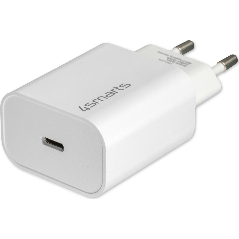 Ein weißer Netzstecker-Adapter mit USB-C-Anschluss und zwei Metallstiften.