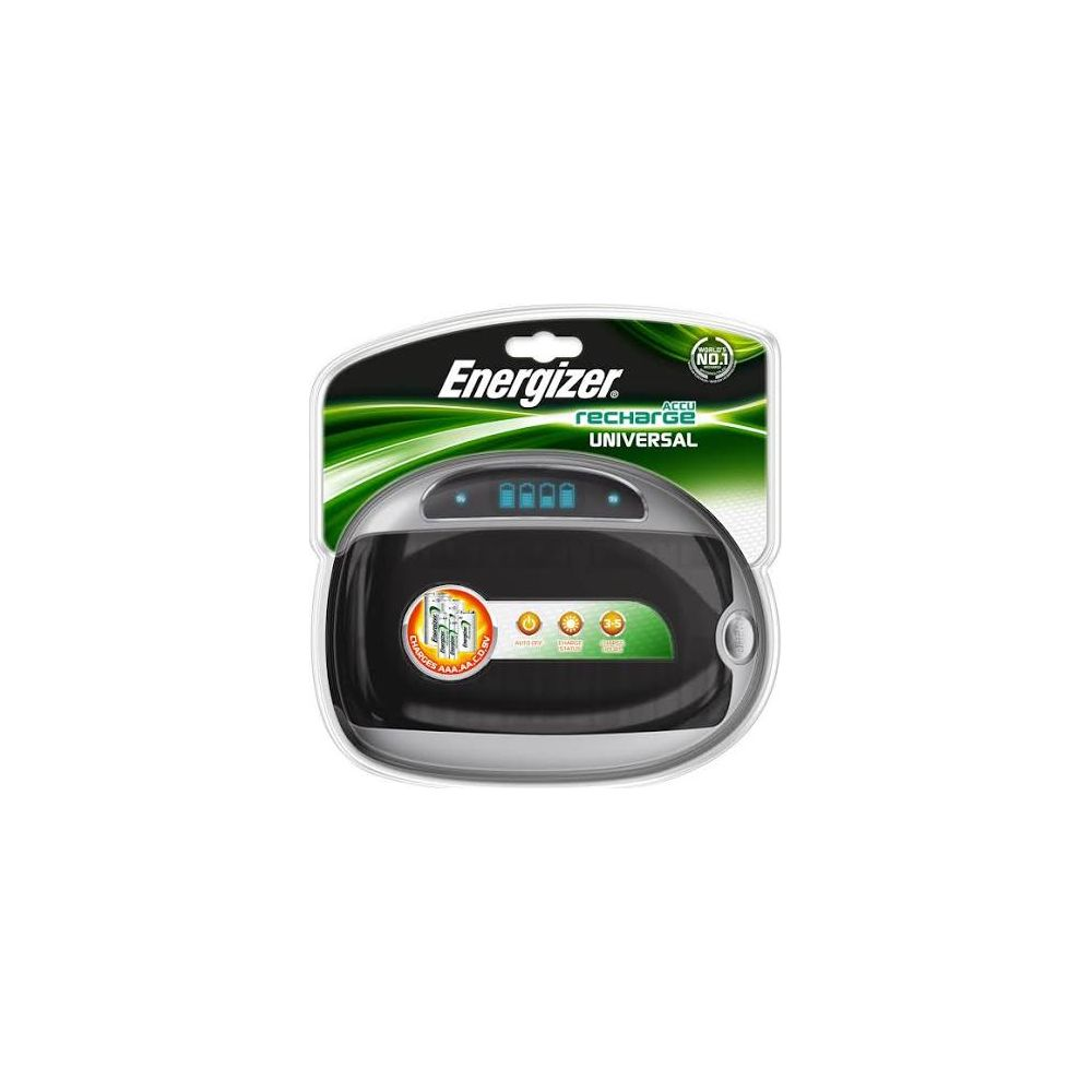 Caricabatterie universale Energizer con quattro alloggiamenti e indicatori.
