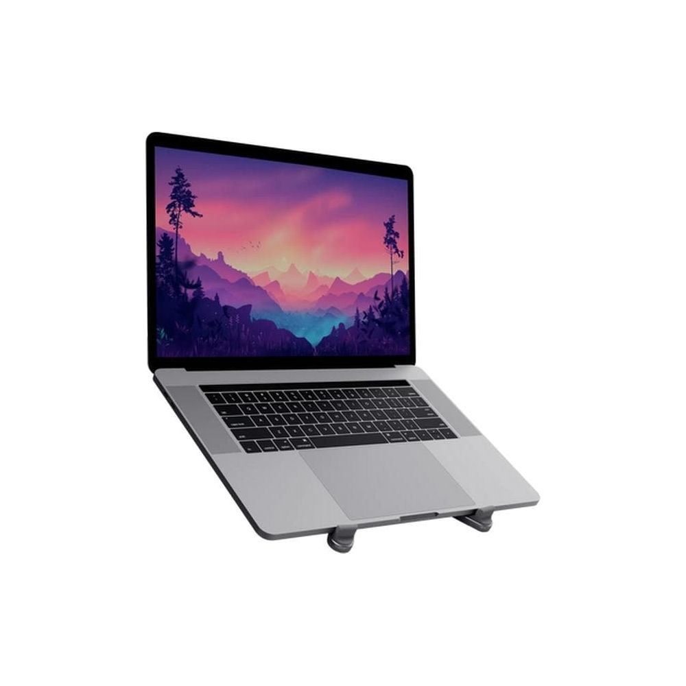 Un laptop argento su supporto con vista montagna sullo schermo.