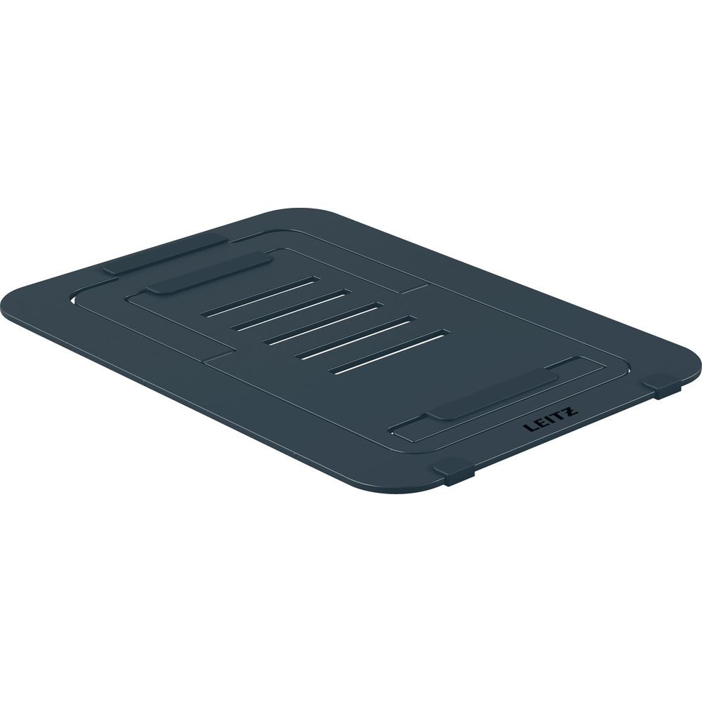 Supporto pieghevole grigio scuro per laptop con fessure e logo LEITZ.