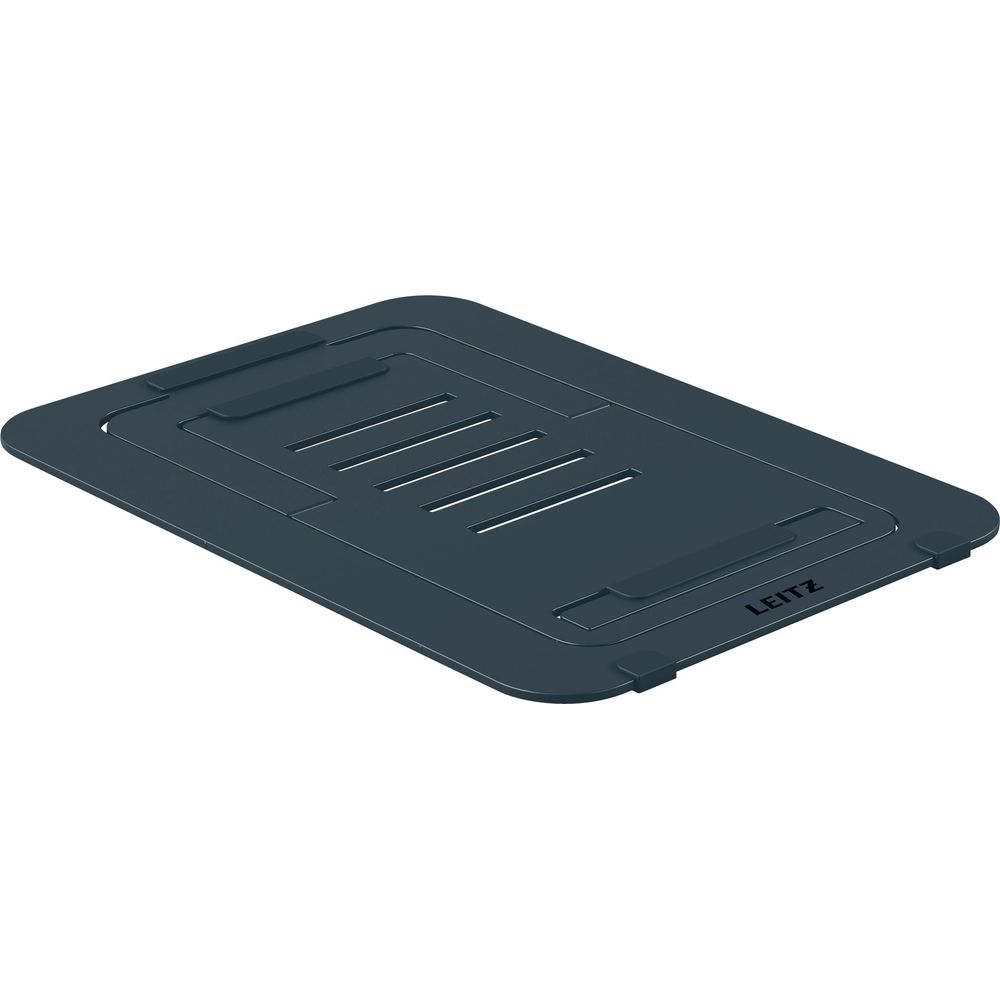 Supporto pieghevole per laptop grigio scuro con fessure.