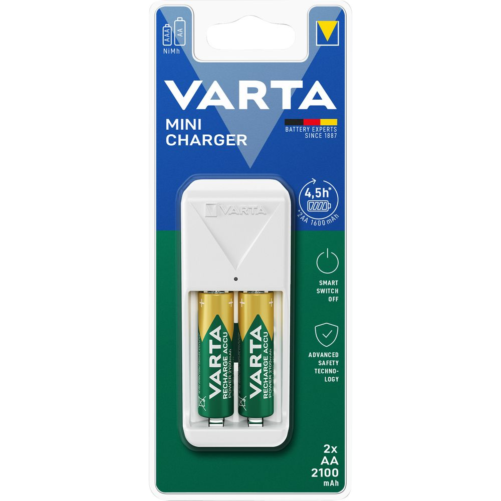 Caricatore Varta Mini con due batterie AA (2100 mAh) e indicatore di carica.