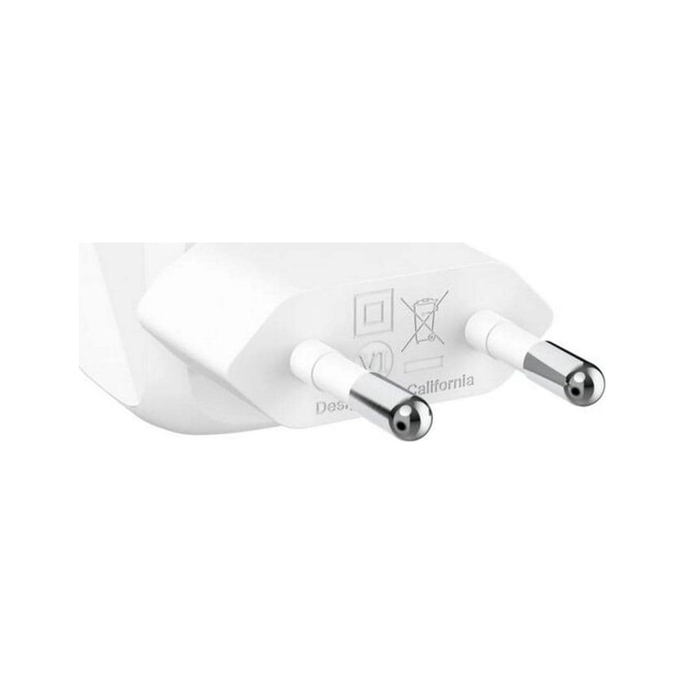 A white power adapter with silver pins and text.