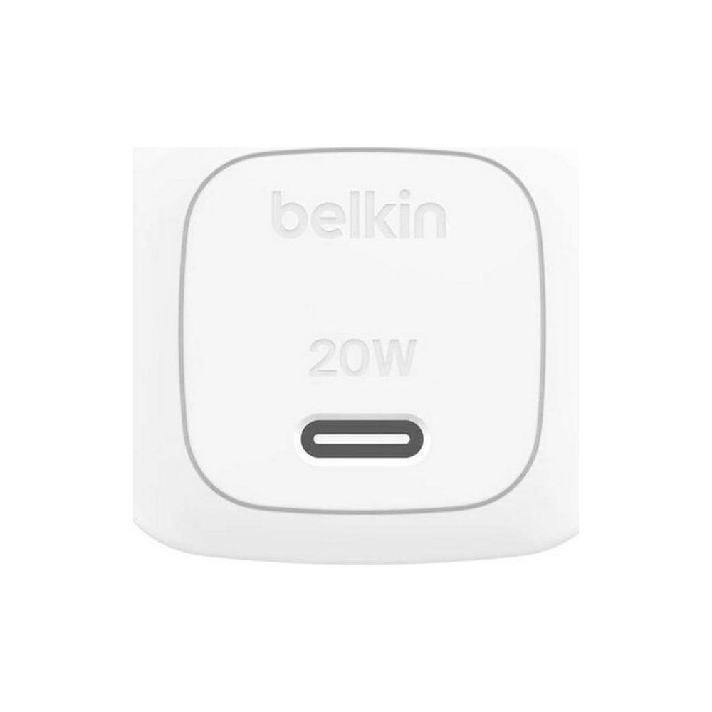 White Belkin 20W USB-C charger with two grey lines.