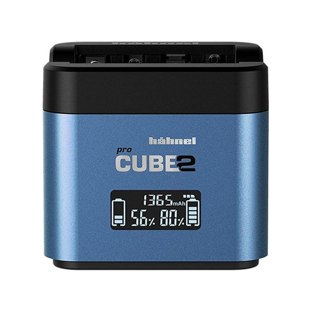 Ein blauer Hähnel CUBE2 Lader mit einem Bildschirm, der 56% und 80% anzeigt.