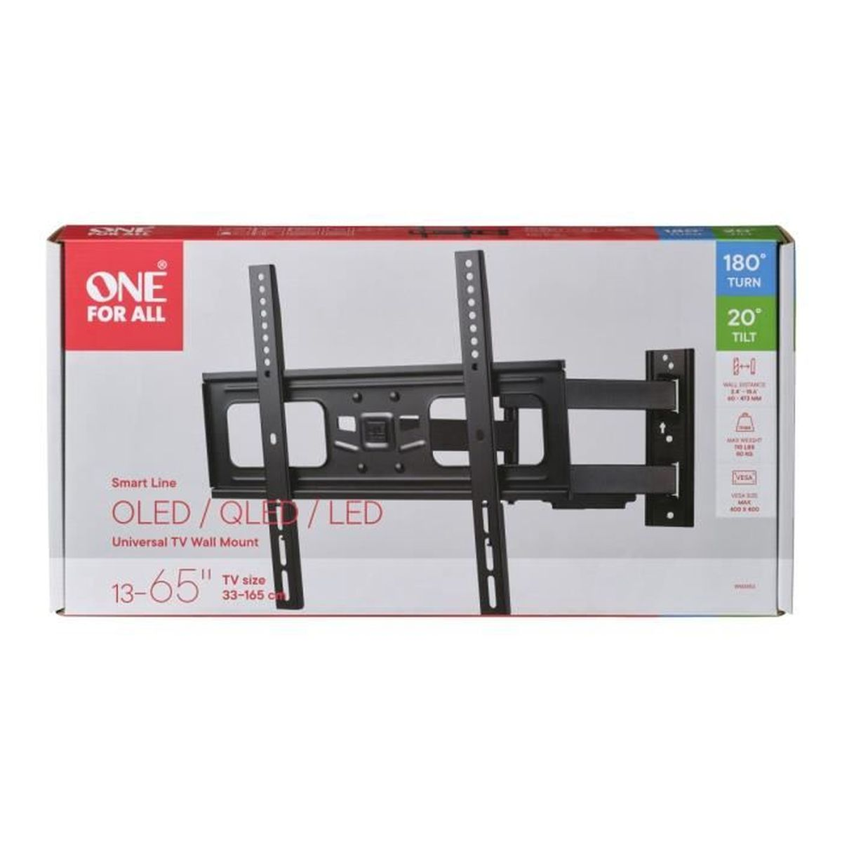 A black ONE FOR ALL TV wall mount for 13-65 inch TVs, with 180° turn and 20° tilt.
