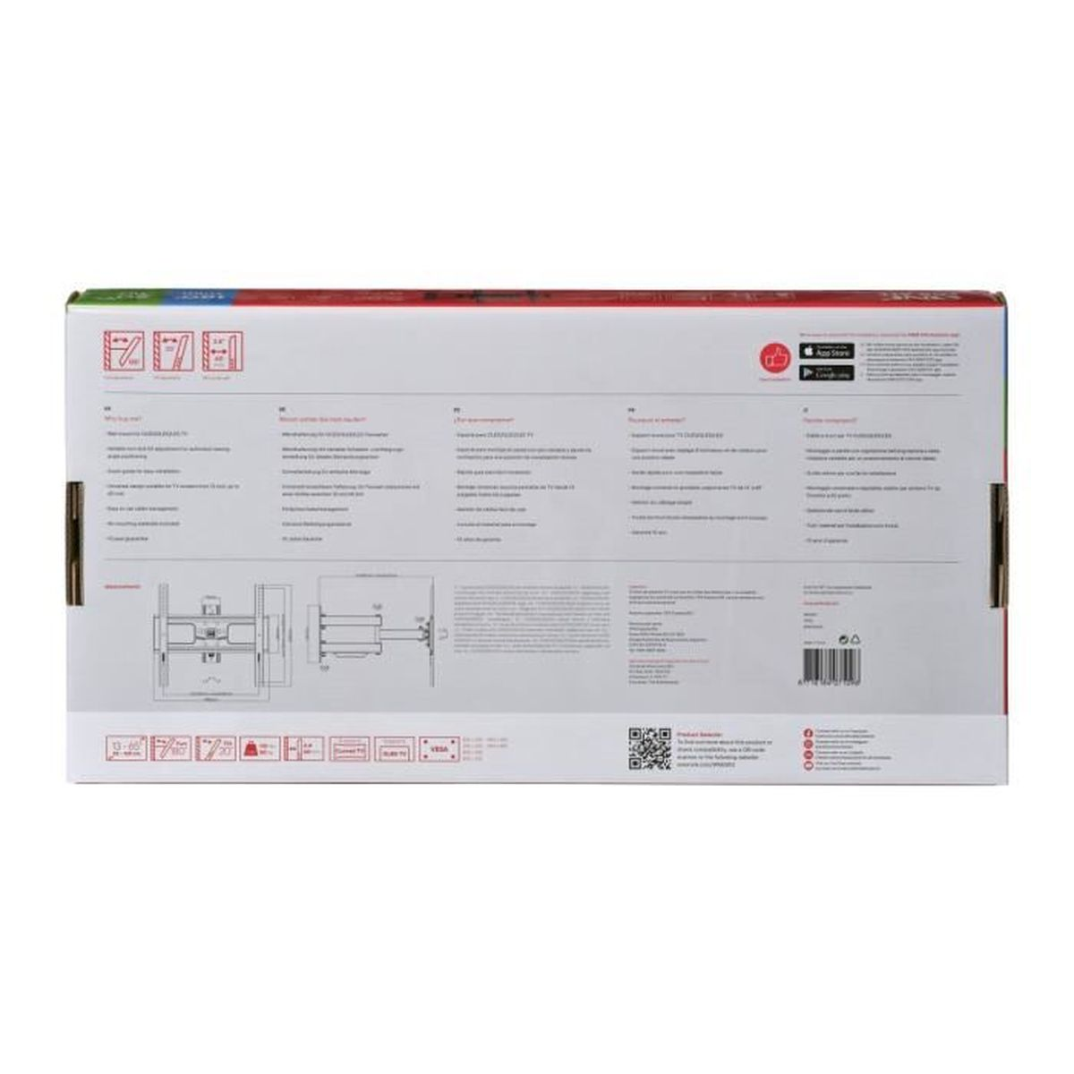 Packaging with mounting instructions and specifications for a TV bracket.