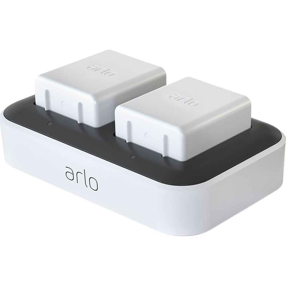 Weiße Arlo-Batterien auf einer schwarzen Ladebasis, weißer Hintergrund.
