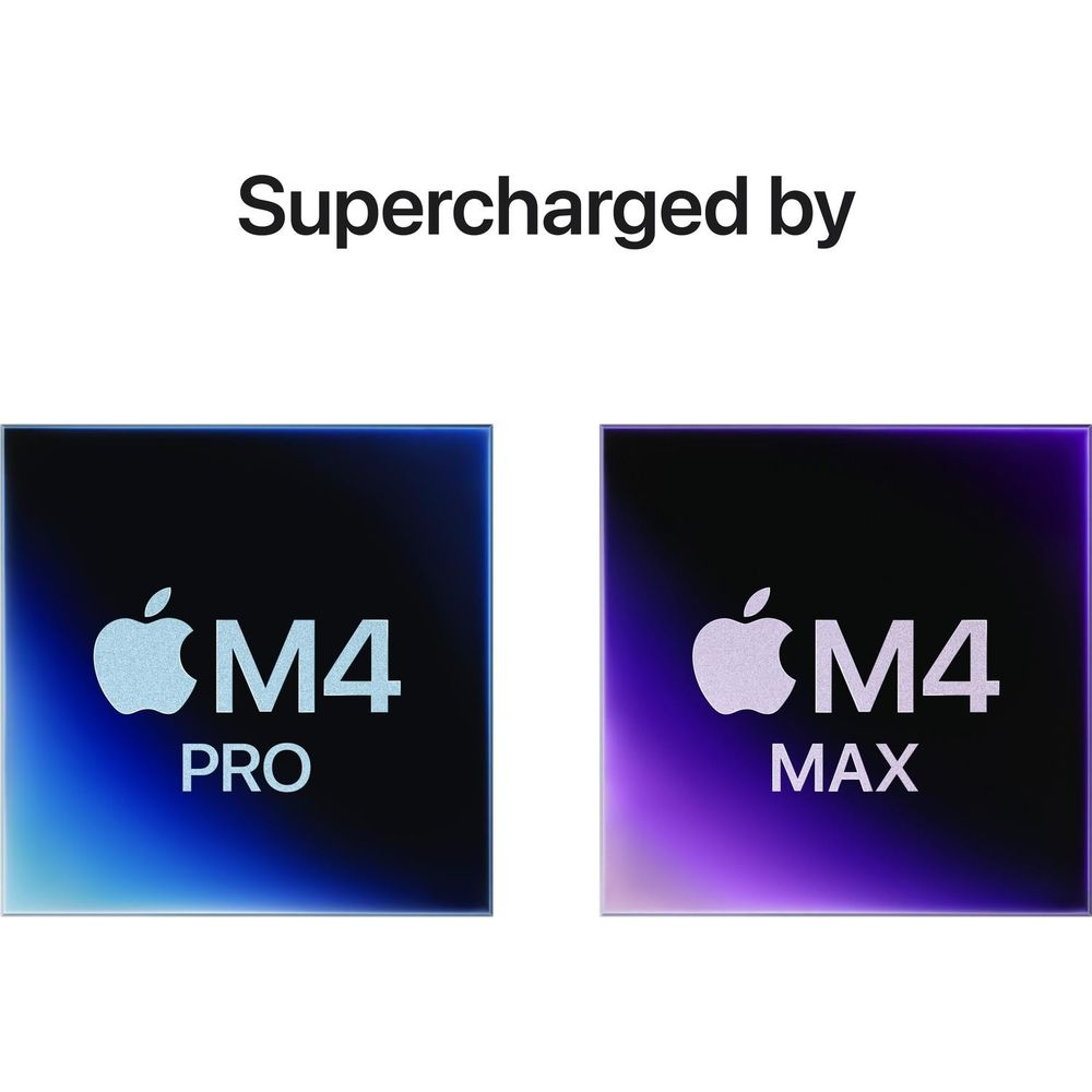 Due chip Apple M4 Pro e M4 Max su sfondo nero.