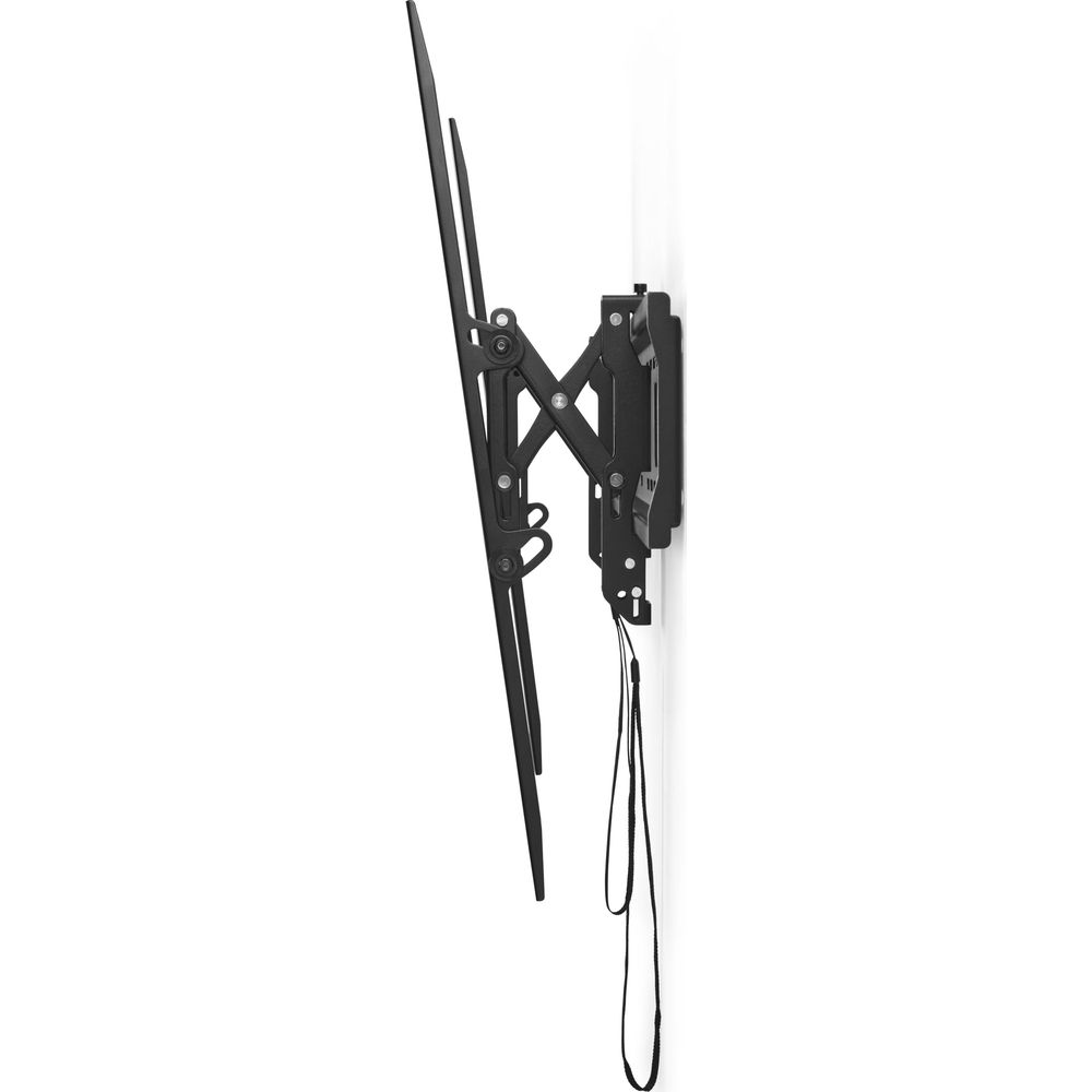Schwarzer, ausziehbarer TV-Wandhalter mit Scherenarm-Mechanismus, an einer weißen Wand montiert.