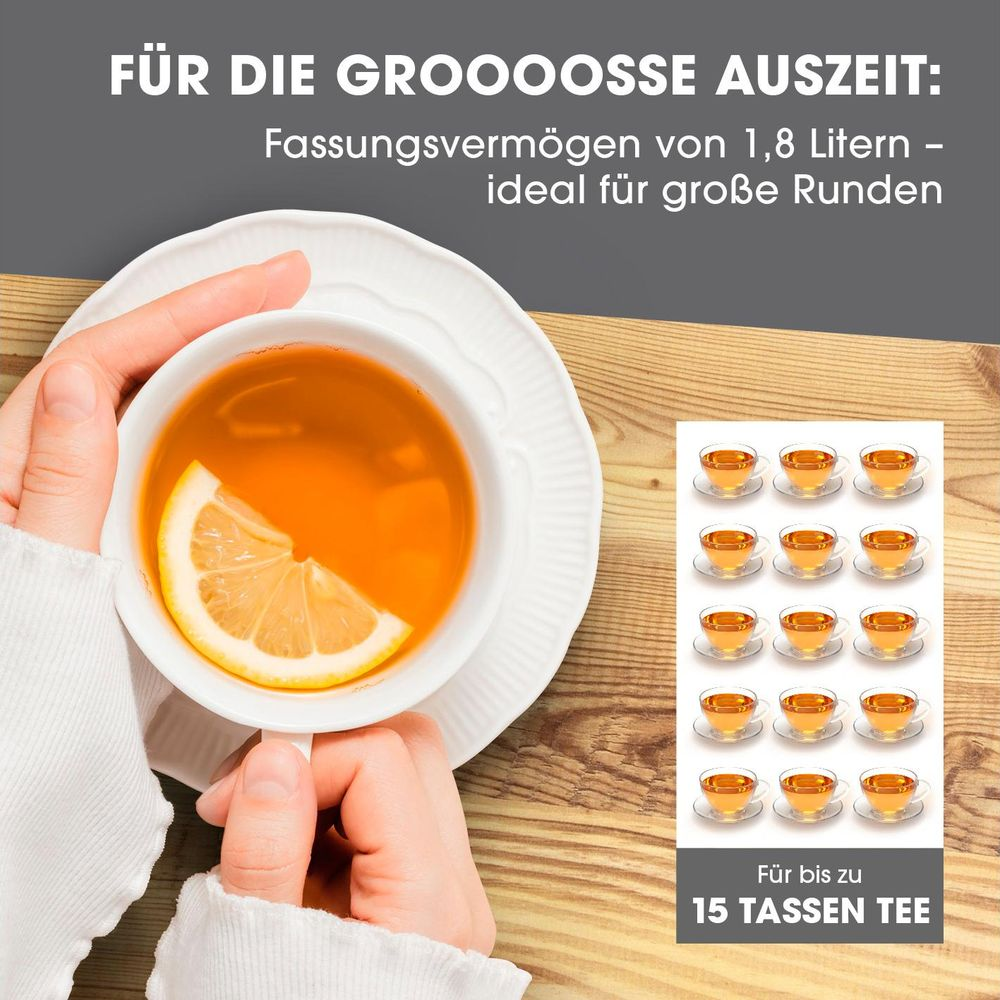 Eine Tasse Tee mit Zitrone und daneben 15 Tassen Tee aufgereiht.