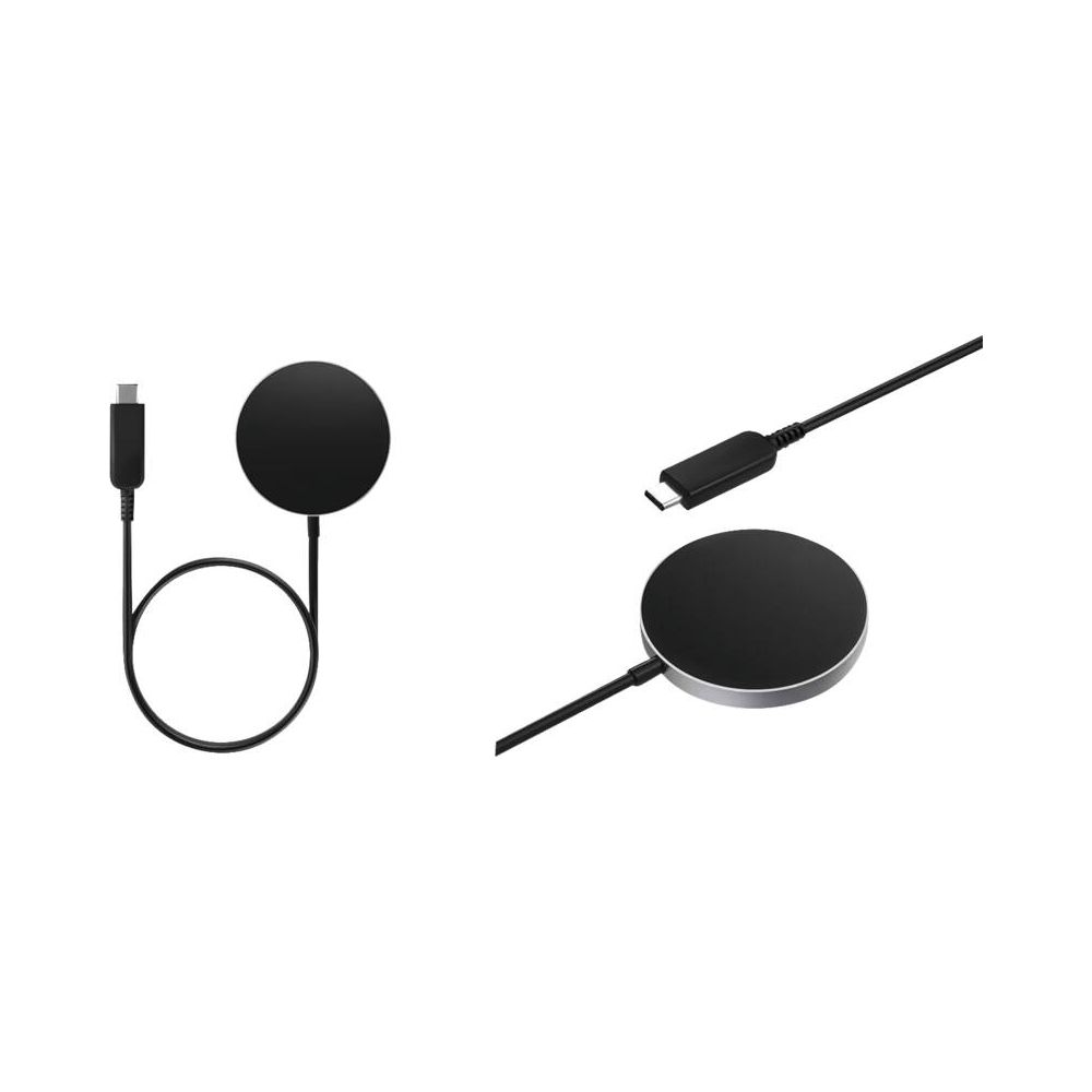 Zwei schwarze runde Ladepads mit USB-C-Kabeln auf weißem Hintergrund.