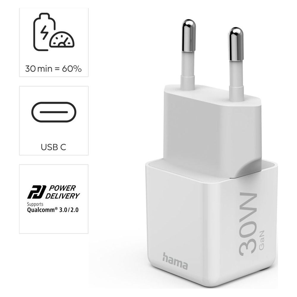 Cargador Hama blanco USB-C GaN de 30W con Power Delivery y Qualcomm.
