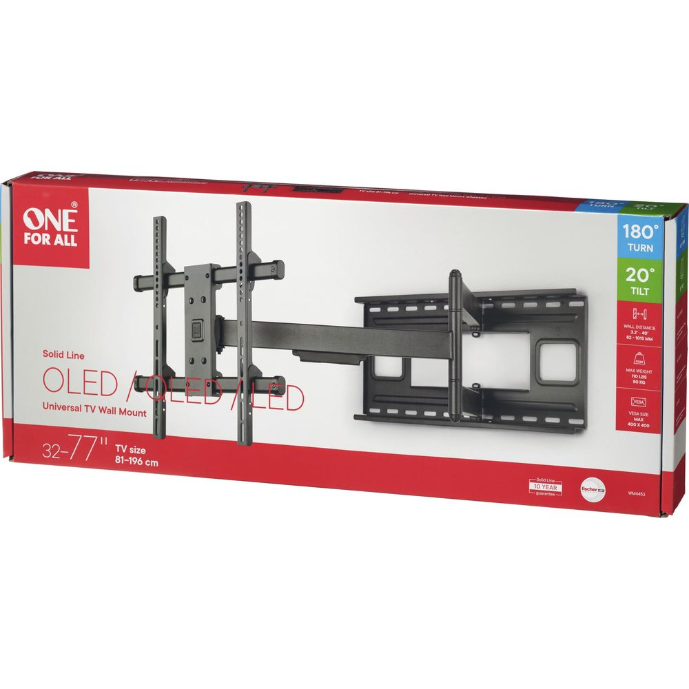 Ein schwarzer TV-Wandhalter für 32-77 Zoll TVs, mit Schwenk- und Neigefunktion.