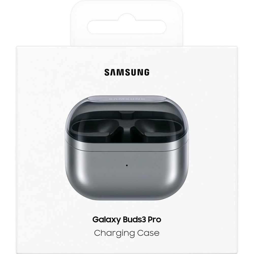 Étui de chargement Samsung Galaxy Buds3 Pro, couleur argentée, vu de dessus.