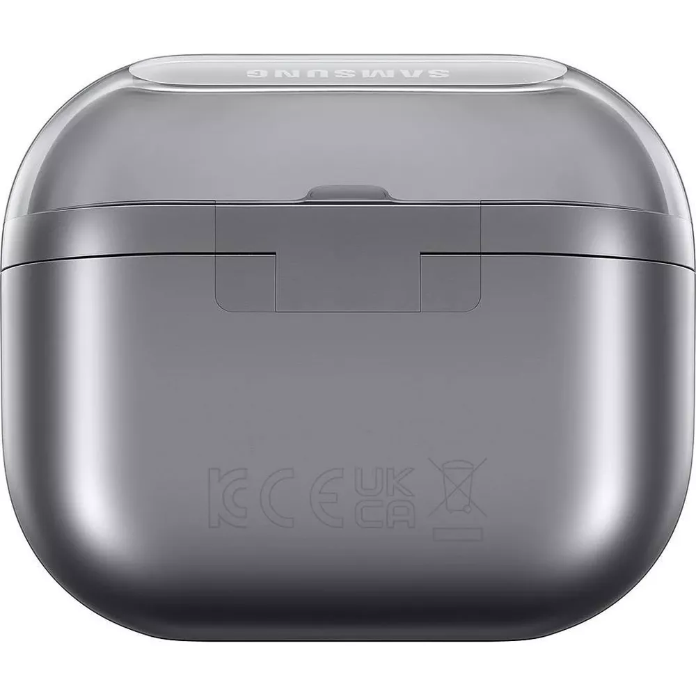 Boîtier de chargement Samsung gris avec logos FCC, CE et UKCA.