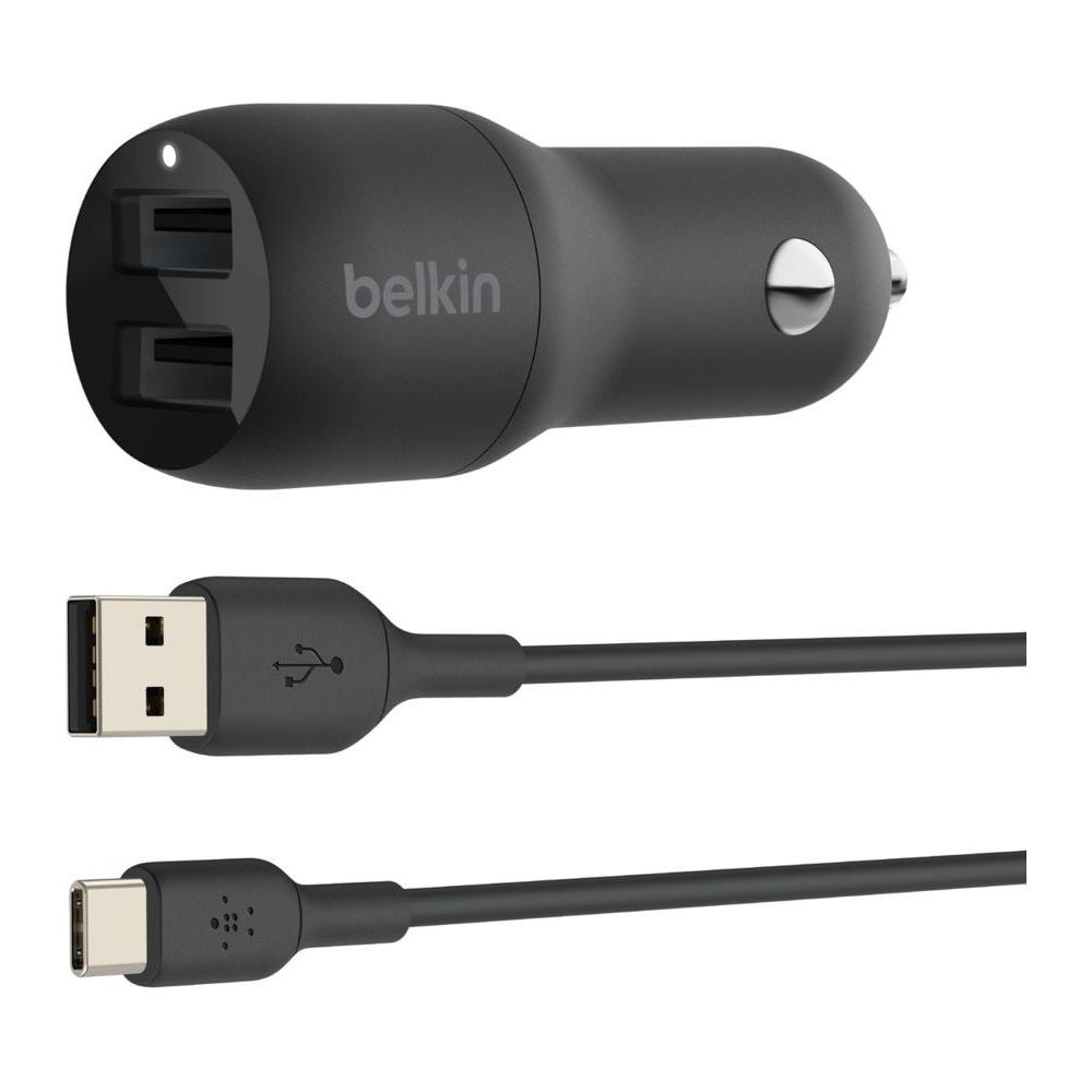 Schwarzer Belkin Doppel-USB-Autoladegerät mit USB-A- und USB-C-Kabel.