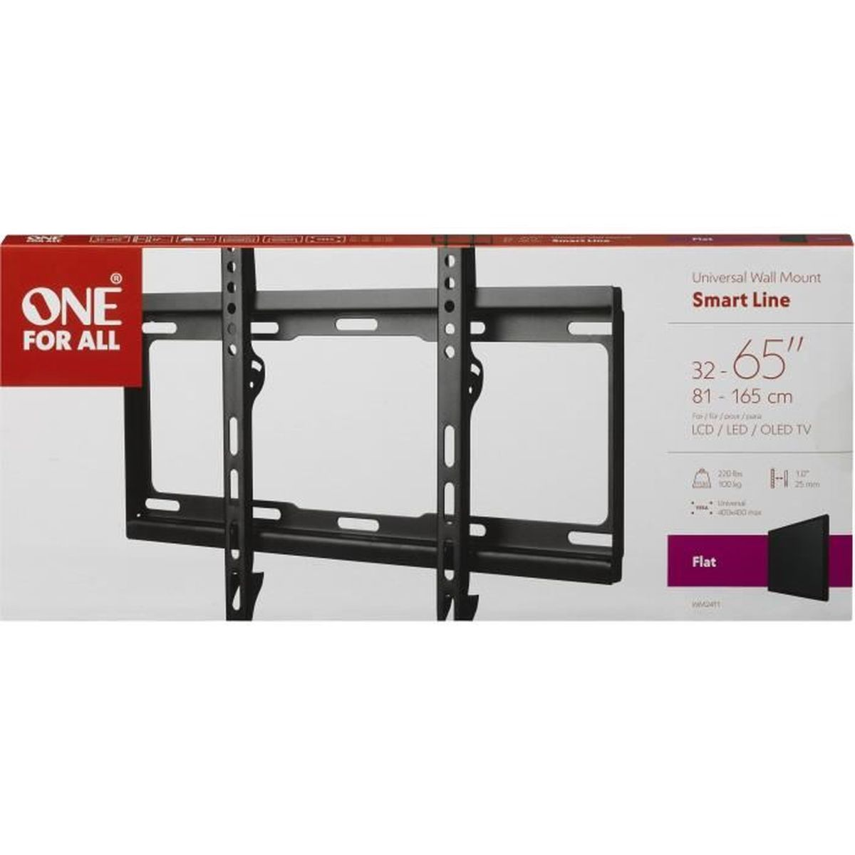 Un supporto da parete piatto universale nero per schermi da 32-65 pollici di ONE FOR ALL.