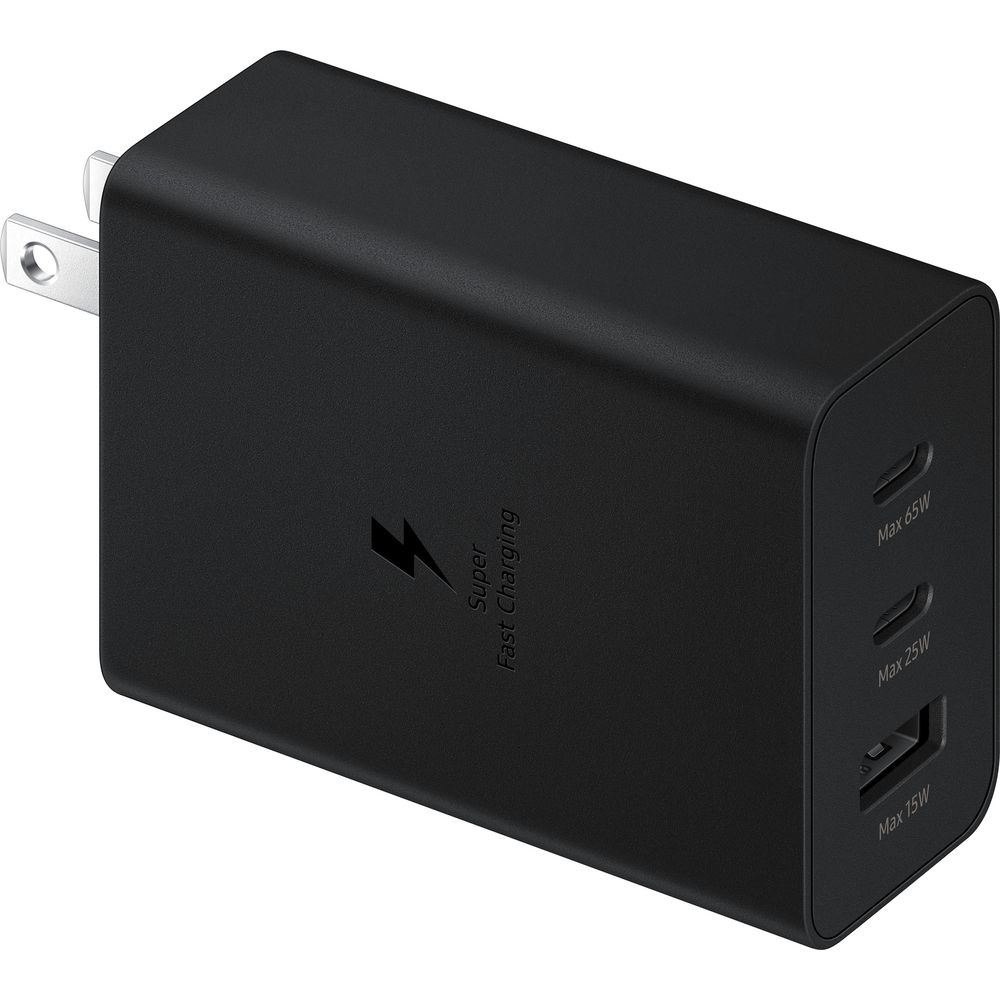 Black charging plug with lightning bolt symbol. Max 65W, 25W, 15W.