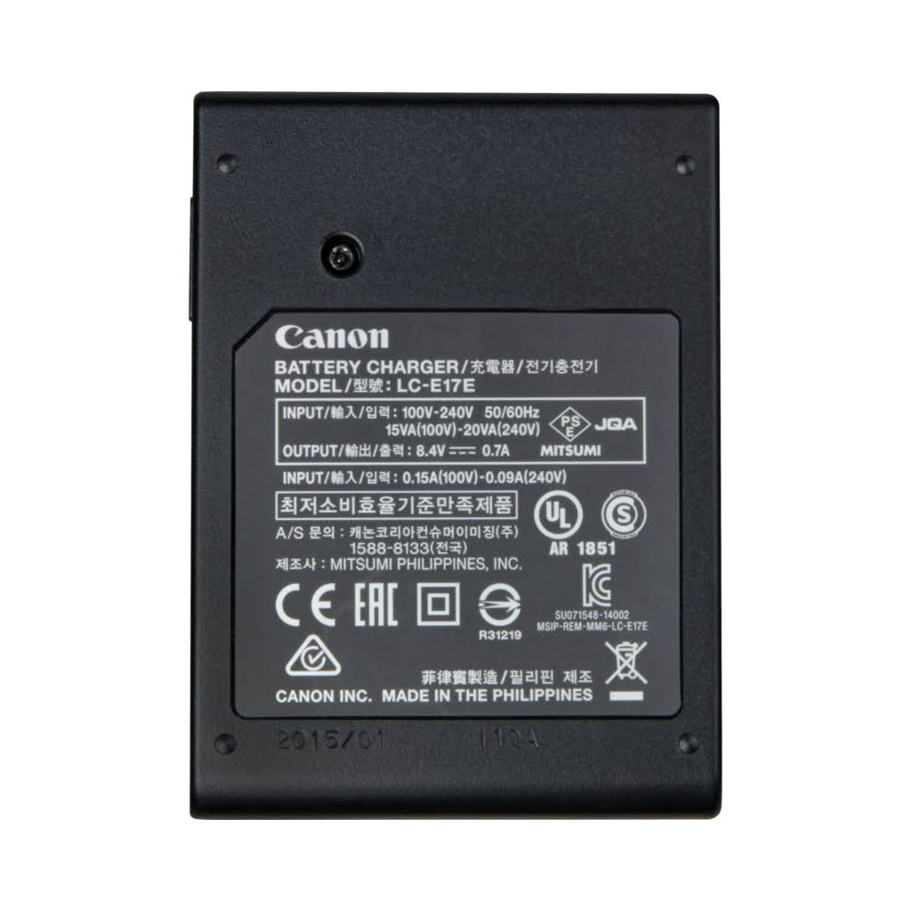 Schwarzes Canon LC-E17E Ladegerät mit technischen Daten und Logos.