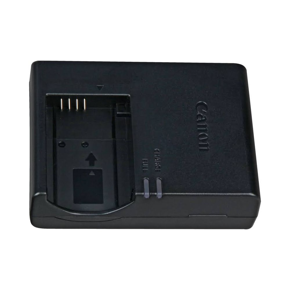 Schwarzes Canon Ladegerät mit Ladeanzeige und Batteriekontakten.