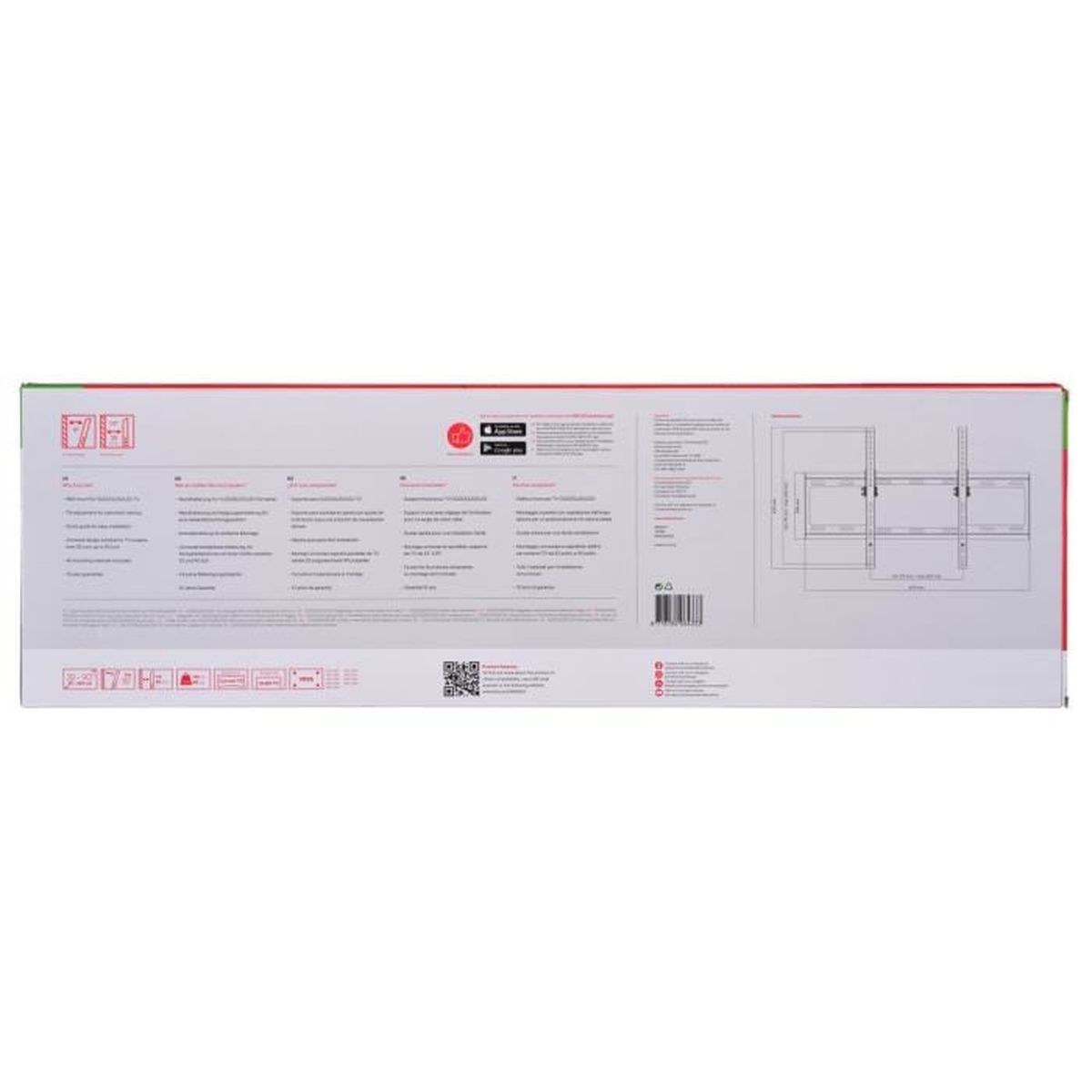 Verpackung mit Montageanleitung und technischen Daten für eine TV-Halterung.
