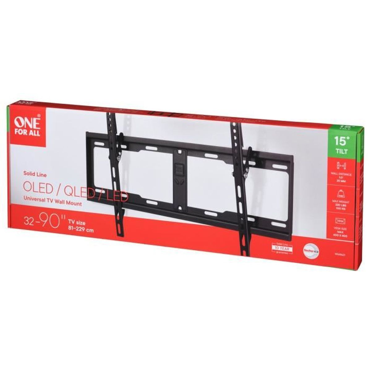 Doos voor een zwarte 32-90 inch tv-muurbeugel, met productafbeelding en tekst.