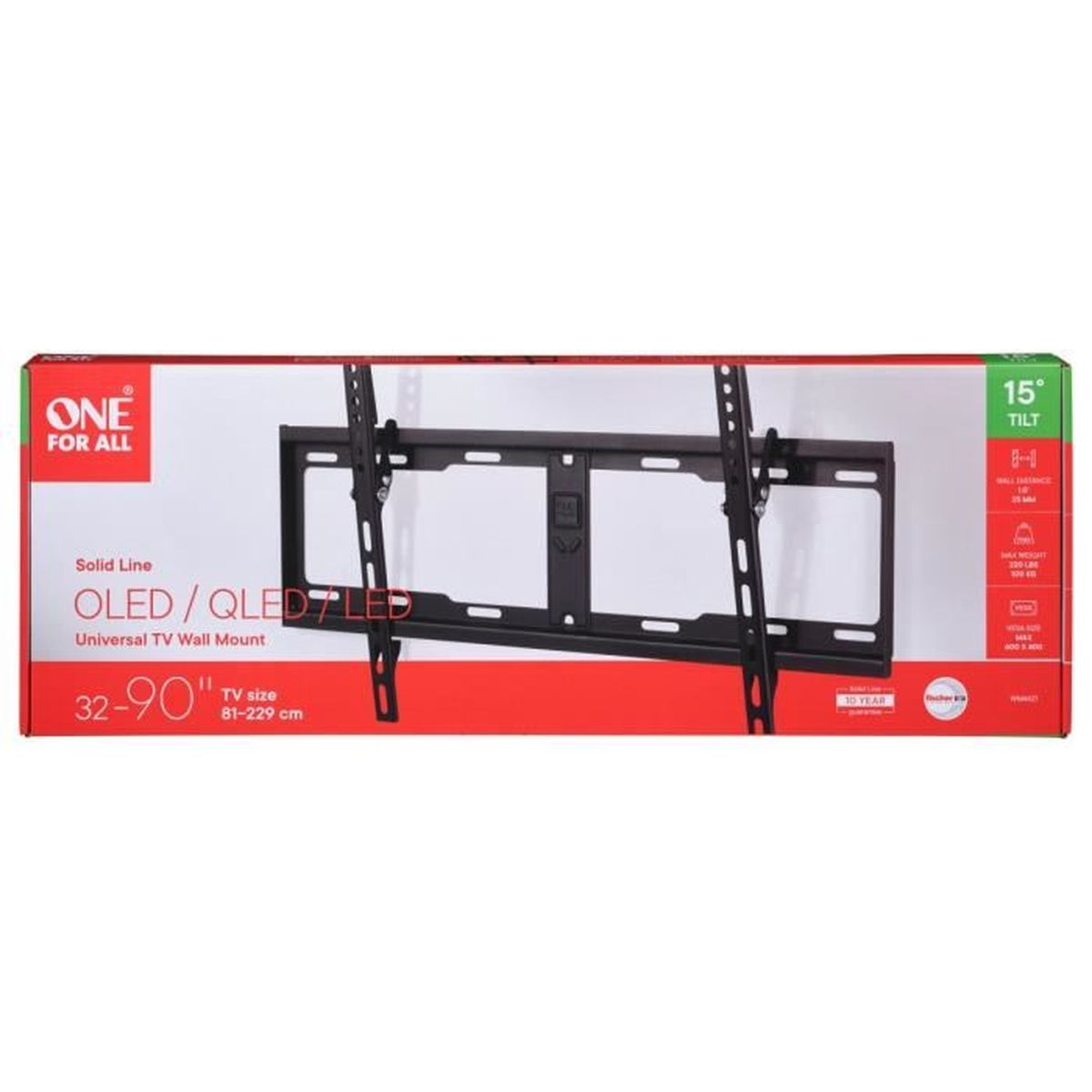 Verpakking van een ONE FOR ALL TV-muurbeugel voor 32-90" OLED/QLED/LED TV's.