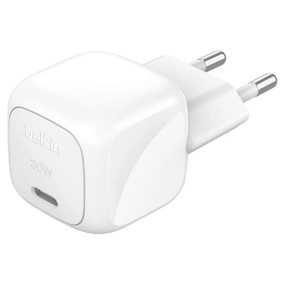 Spina caricatore Belkin bianca 30W USB-C con due pin argentati.