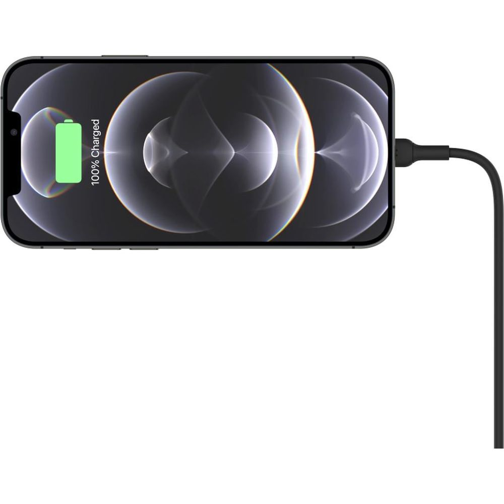 Un iPhone in carica, lo schermo mostra 100% carico.