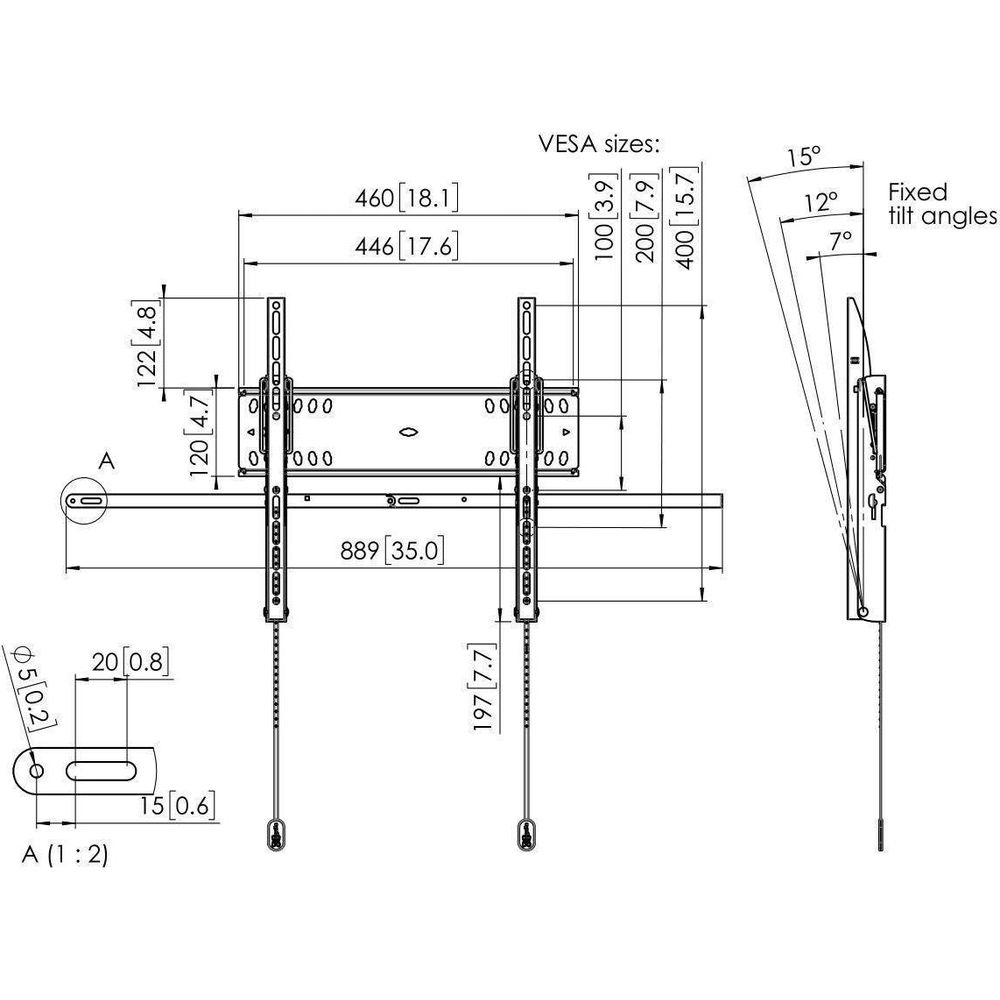 Dessin technique d'un support mural TV, montrant dimensions et tailles VESA.