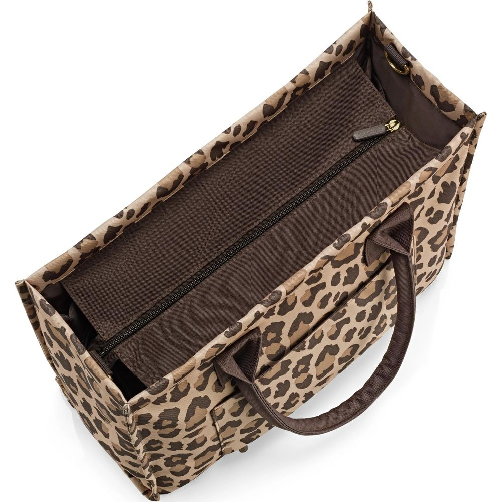 Eine Leopardenmuster-Tasche mit braunen Henkeln und Reißverschluss.