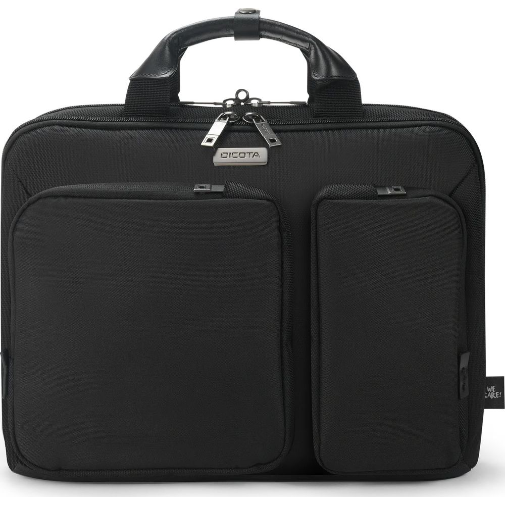 Borsa nera per laptop con due tasche frontali e manico.