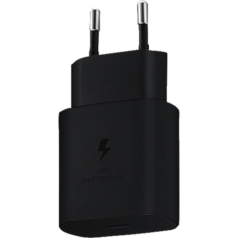 Zwarte opladerstekker met bliksemschicht-symbool en Super Fast Charging tekst.